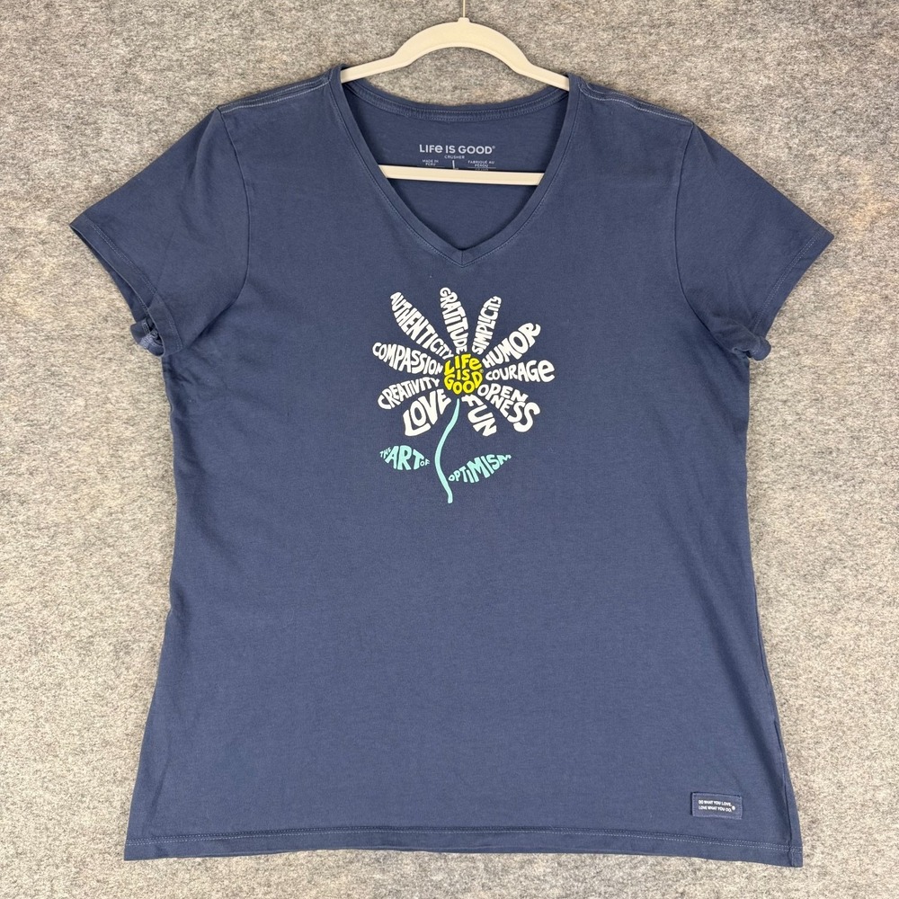 Life Is Good Crusher Tee T-Shirt Flower Petals Blue Womens Large L